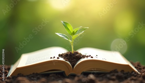 Young seedling sprouting from open book. Symbol of growth knowledge nature. Green plant grows from pages. Represents education environment sustainability concepts.