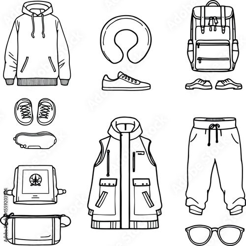 Black-and-White Vector Illustration of Travel-Ready Essentials – 10-Icon Set of Clothing, Gear & Accessories