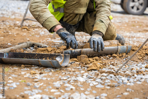 Man cutting and cleaning soil sample for laboratory analysis. Preparation of core material for geotechnical testing and scientific evaluatio