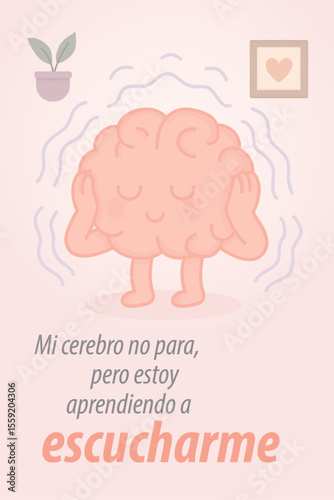 Emotional brain illustration with motivational Spanish quote about self-awareness
