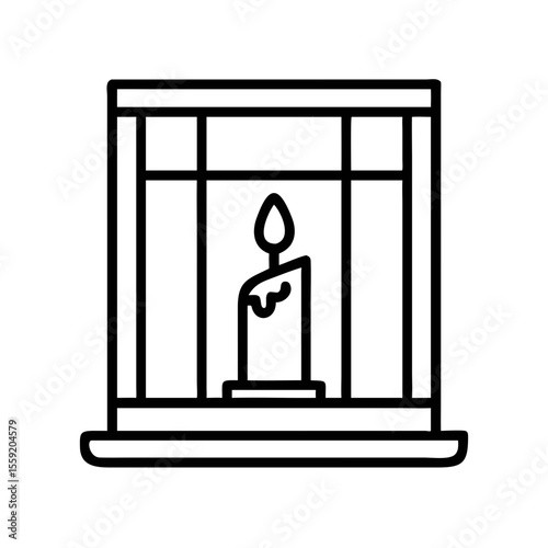 Candle in window with decorative frame illustrating housewarming concept  