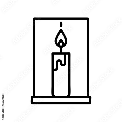 Candle in window with flame and wax dripping, concept of icon, vector, housewarming  