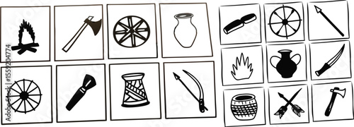 Primitive Tools and Crafts Outline Icons – Linear Style Prehistoric Symbols Including Fire, Wheel, Spear, and Bow for Ancient Innovation and History Projects

