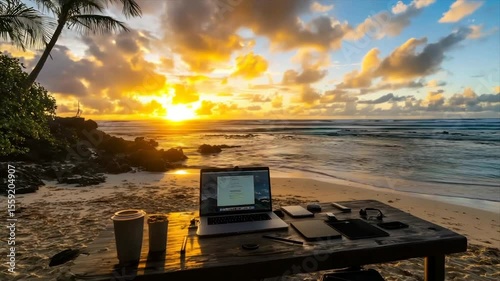 Tropical sunset beach workstation; laptop, coffee, tablet