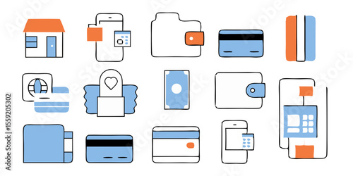 Payment options. Linear icon set. Payment vector icons. Outline payment method symbols. Money transfer. Banking, credit card, cash and transaction symbol. Vector illustration