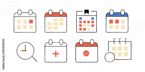 Calendar thin line icons set. Reminder organizer event signs. Calendar notification icons. Containing date, schedule, appointment, agenda, organization, event, and more. Vector illustration