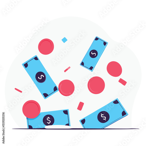 Falling blue banknotes and red coins with confetti