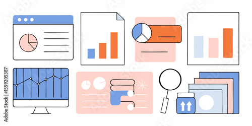 Monochrome Vector Collection of Graphs, Bars, and Pie Charts for Business Presentation. Vector illustration