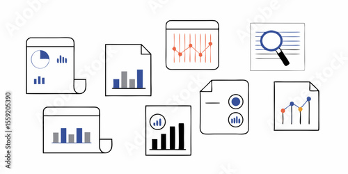 Minimalist Line Art Set of Business Reports, Data Analysis, and Financial Charts on Documents. Vector illustration