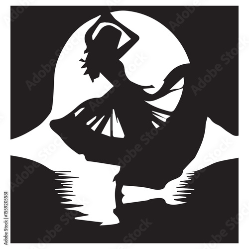 Silhouette of a woman dancing gracefully against a large moonlit backdrop