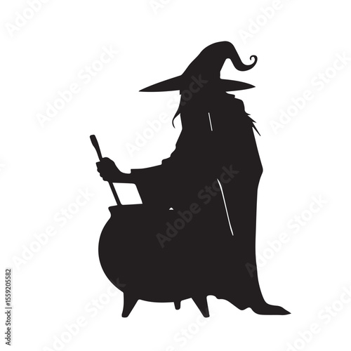 Silhouette of a witch wearing a pointed hat stirring a cauldron with a stick