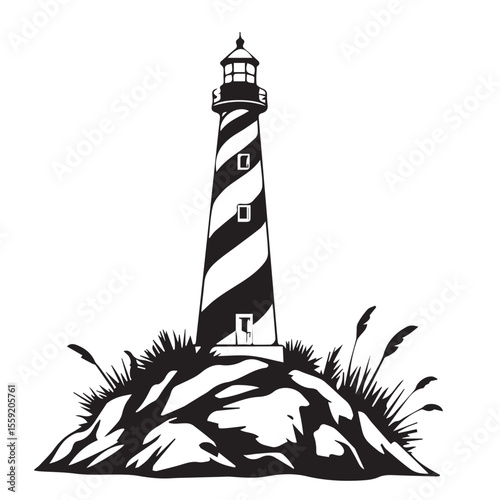 Black and white illustration of a lighthouse on a rocky island with grass