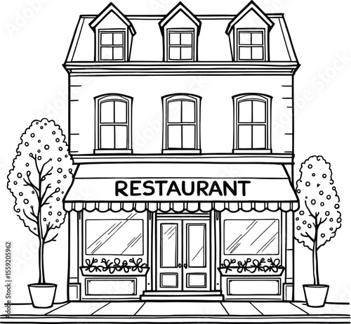 Black-and-White Vector Illustration of Charming Urban Restaurant – Three-Story Façade with Window Planters and Awning