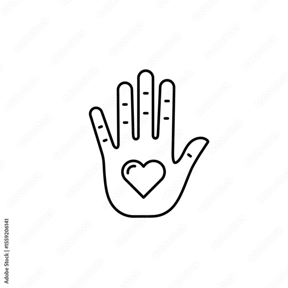 Fototapeta premium Line art hand with heart illustration in minimalist style . Linear icon on a transparent background.