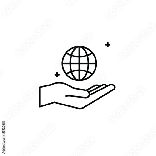 Line drawing of a hand holding a globe Symbolizes: world protection of rights. Linear icon on a transparent background.