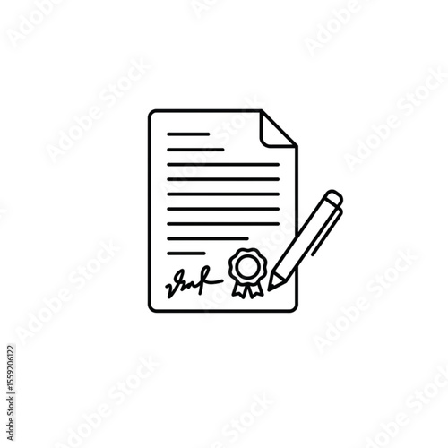Document with signature and seal next to pen in outline style on transparent background. Symbolizes: declaration of human rights.