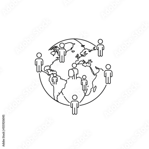Line art depicting people connecting around the world symbolizing unity on a transparent background