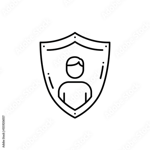A line icon of a shield with a human symbol inside on a transparent background. Symbolizes: protection of individual rights.