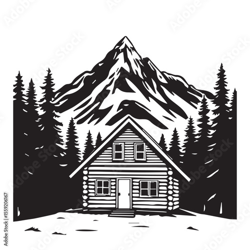 Rustic log cabin nestled among pine trees with a majestic mountain backdrop