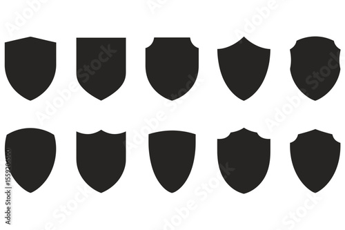 Collection of ten different shield silhouettes arranged in two rows evenly