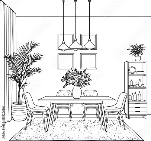 Black-and-White Vector Illustration of Dining Room Interior – Cozy Eating Space with Pendant Lights and Decor