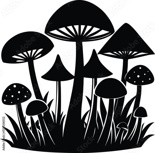 Enchanted Forest Mushrooms Silhouette Design,  Magical Woodland Fungi Illustration, new 2025 trendy uniquqe.