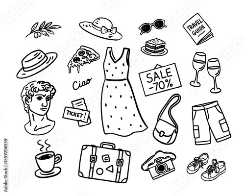 Italy travel elements, hand-drawn black line doodles, vector on white, casual sketch style. Perfect for travel blogs, stickers, planners, posters, social media, print and digital projects.