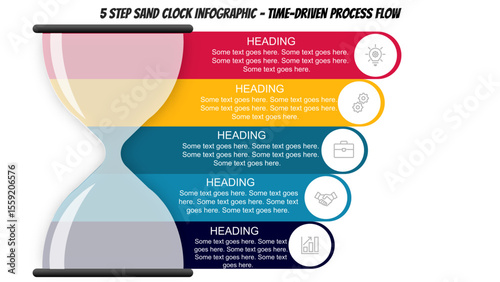 Time-Driven Process Flow. 5 Step Hourglass Infographic Timeline with Color Segments and Icons. 5 Step SAND Clock Infographic designed using Color Palette. Fully editable vector SVG file for powerpoint
