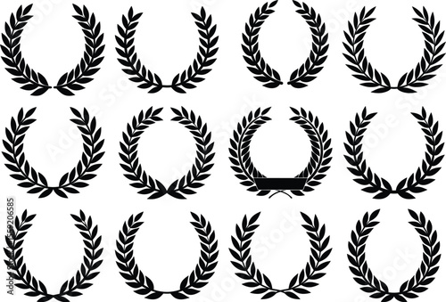 Collection of laurel wreath icons with symmetrical leaf arrangements in circular and curved forms on white background