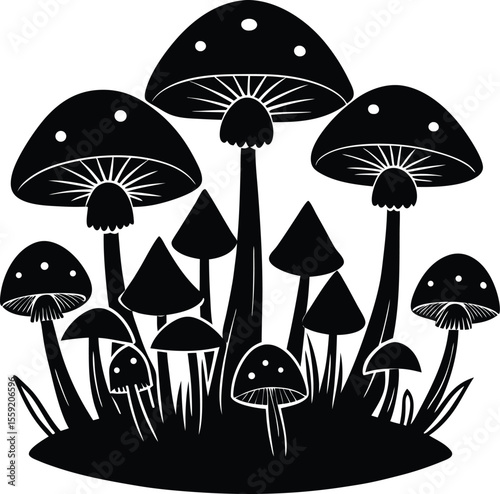 A collection of diverse mushrooms growing in the forest floor creating a captivating natural display,new 2025,trendy