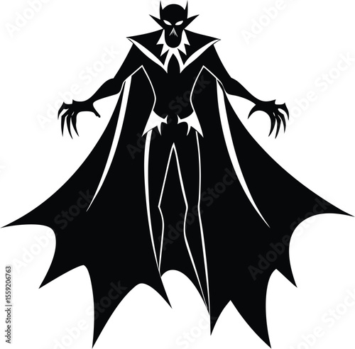 Terrifying Vampire Creature of the Night with Spreading Cape,  Dark Gothic Horror Illustration. new 2025 trendy