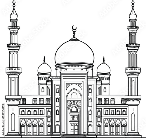 Black-and-White Vector Illustration of Majestic Mosque Architecture – Grand Dome, Minarets & Arched Facade