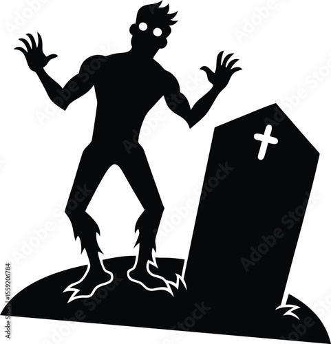 Silhouette of a Spooky Zombie Rising from the Grave,  Horror Halloween Illustration. new 2025 trendy.