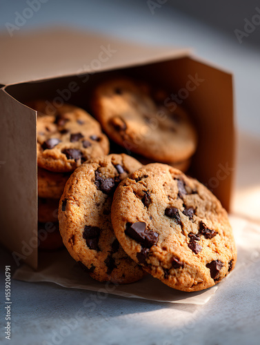 Warm chocolate chip cookies overflowing from an opened brown cardboard box