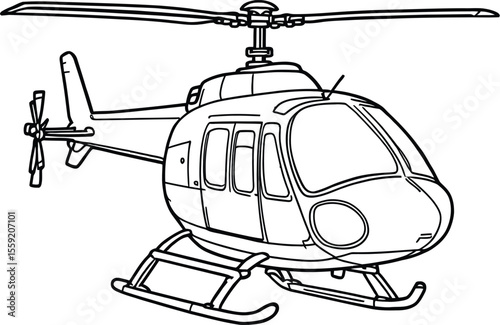 Black-and-White Vector Illustration of Helicopter – Side View of Utility Aircraft with Rotor and Skids