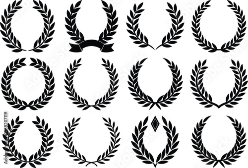 Laurel wreath collection with various circular and curved leaf designs on white background vector set