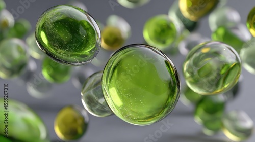 A bunch of green and yellow spheres are floating in the air. The spheres are made of glass and are of different sizes. The image has a dreamy and ethereal quality to it