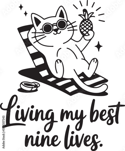 A whimsical black-and-white birthday card featuring a blissful cat lounging with a pineapple cocktail under sunbeams. Handwritten text "Living my best nine lives" adds playful charm