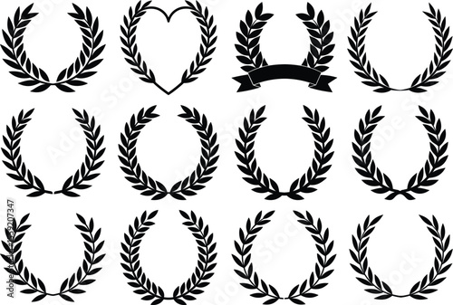Elegant black laurel wreath and heart crown icon set – classic award, achievement, and honor design for certificates and medals