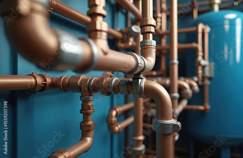 Copper pipe layout in boiler room. Plumbing installation, gas equipment, water heater system. Engineering, construction, home heating, central heating, water supply tech. No people.