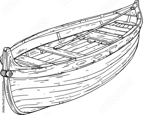 Black-and-White Vector Illustration of Classic Wooden Rowboat – Handcrafted Nautical Craft with Interior Structure