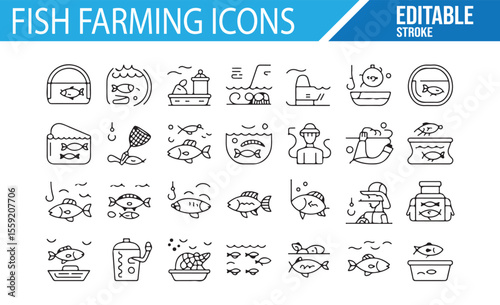 A collection of fish-related icons, including aquariums, fishing, fishing gear, and aquatic animals, ideal for marine, pet care, fishing, and wildlife themes.