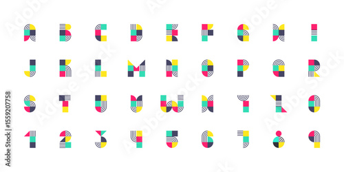 Geometric Bauhaus Alphabet and Numbers Vector with Linear Details and Decorative Shapes on White Background