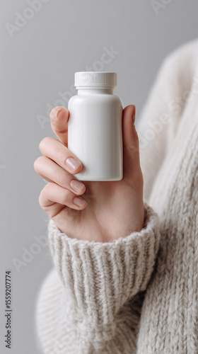 mockup of a hand holding a blank white supplement bottle