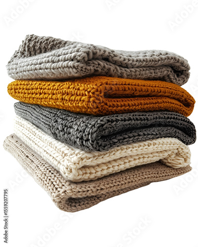 Stack of cozy knitted blankets warm winter textures