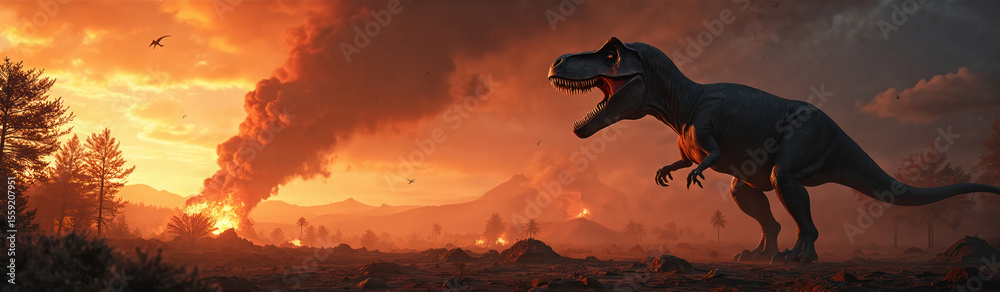 Fototapeta premium Tyrannosaurus Rex roars in fiery apocalypse. Dinosaur faces extinction event. Burning world landscape, fiery sunset, smoke ash ruins, catastrophic impact aftermath.