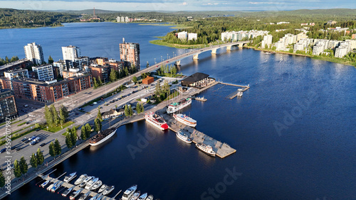 Golden Hour Drone View of Kuokkalan Silta and Jyväskylä Harbor in Summer Evening