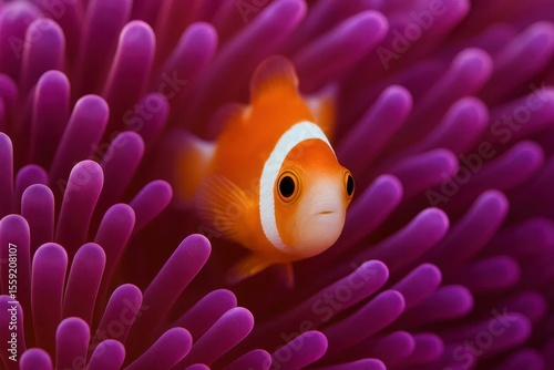 A clown fish in a purple sea anemone