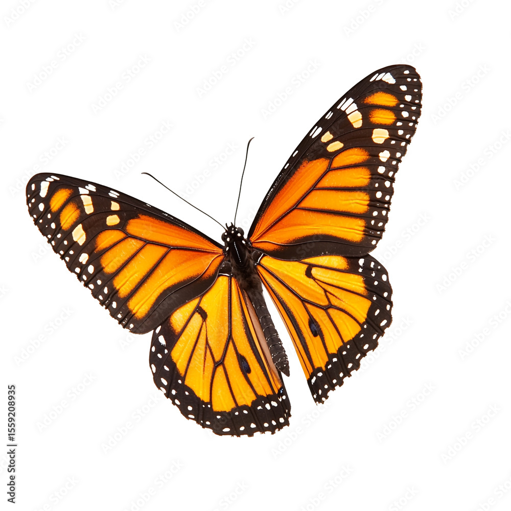 Fototapeta premium Orange butterfly with black and white markings isolated on black background a vibrant insect specimen
