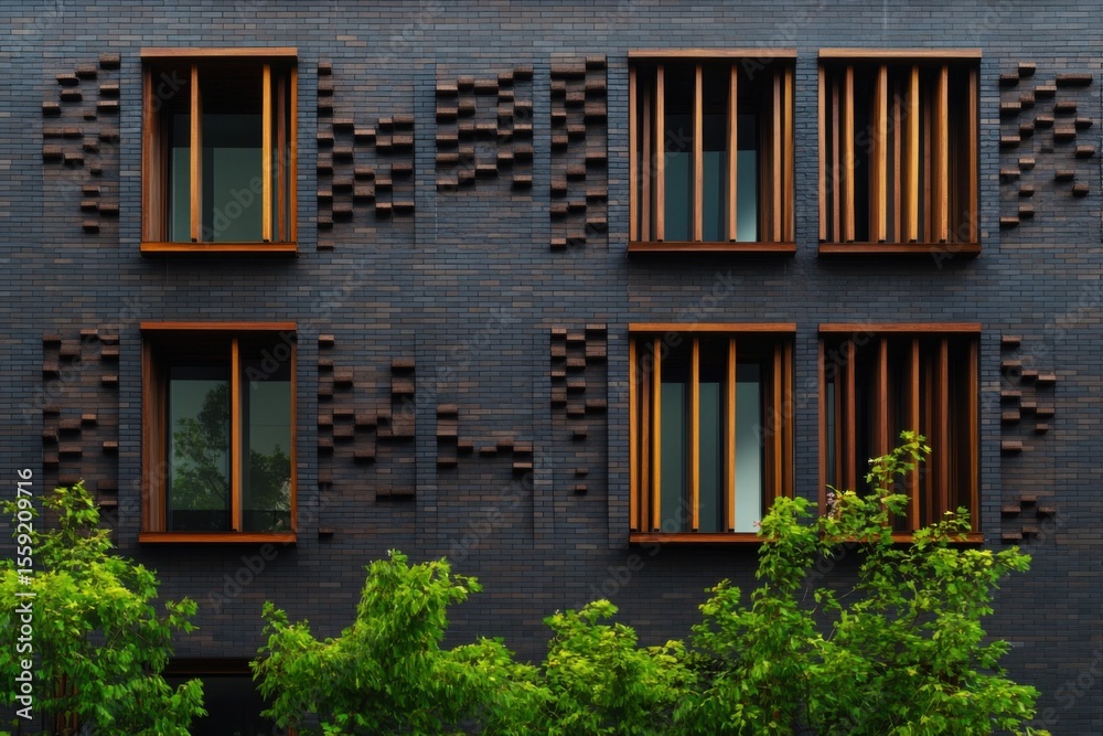 Fototapeta premium Contemporary urban architecture showcasing intricate facade design and vibrant greenery in a modern building during daylight